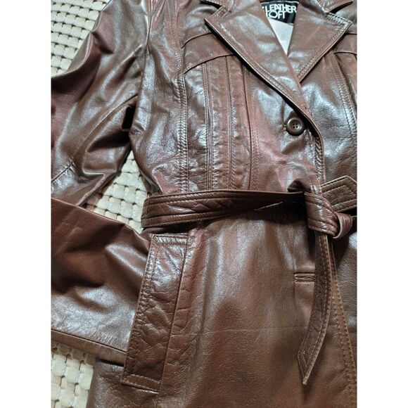 Leather Loft  100% Leather Vintage Brown Jacket 9/10 Belt Buttons Fleece Lining - Picture 7 of 16